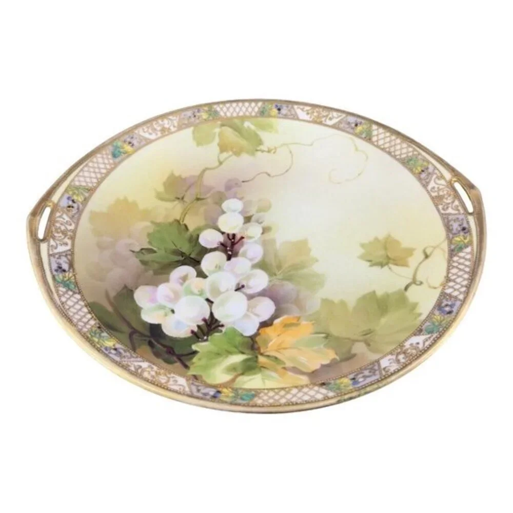 Antique Nippon HandPainted Large Platter Dish Plate W Handles Textured Porcelain